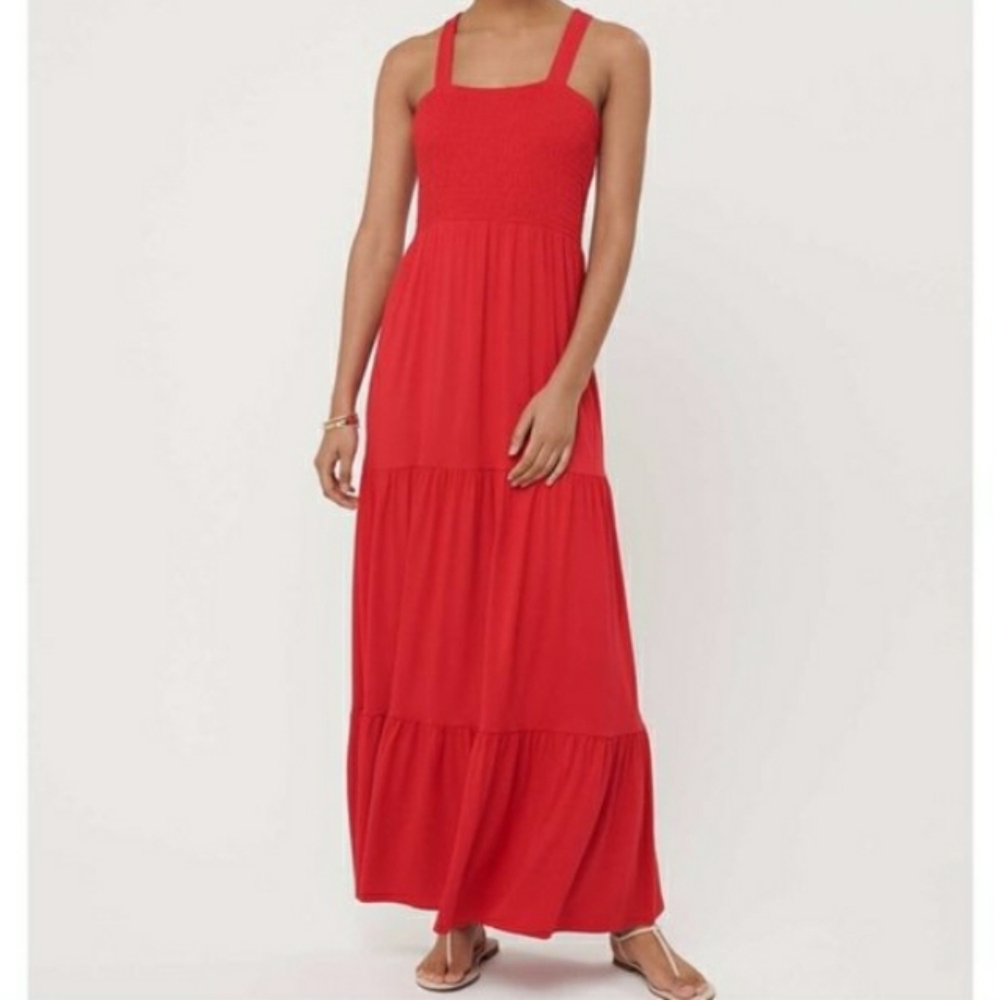 LOFT Red Smocked Bodice Tiered Maxi Tank Dress Stretchy SZ Small